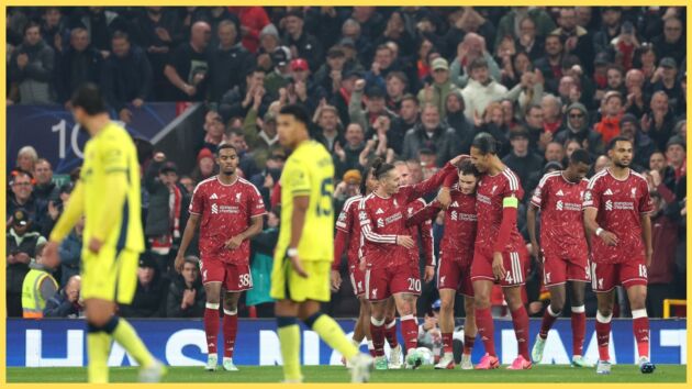 Liverpool players congratulate Florian Wirtz after his goal against Villarreal