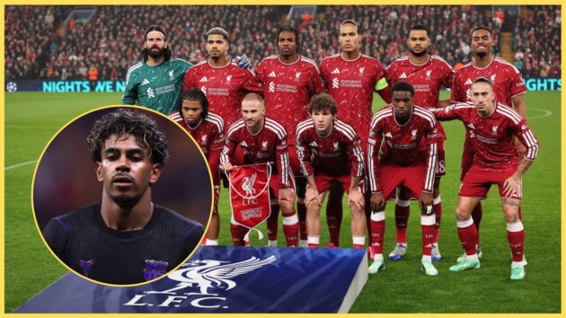 Liverpool players line up for a team photo, with Lamine Yamal inset